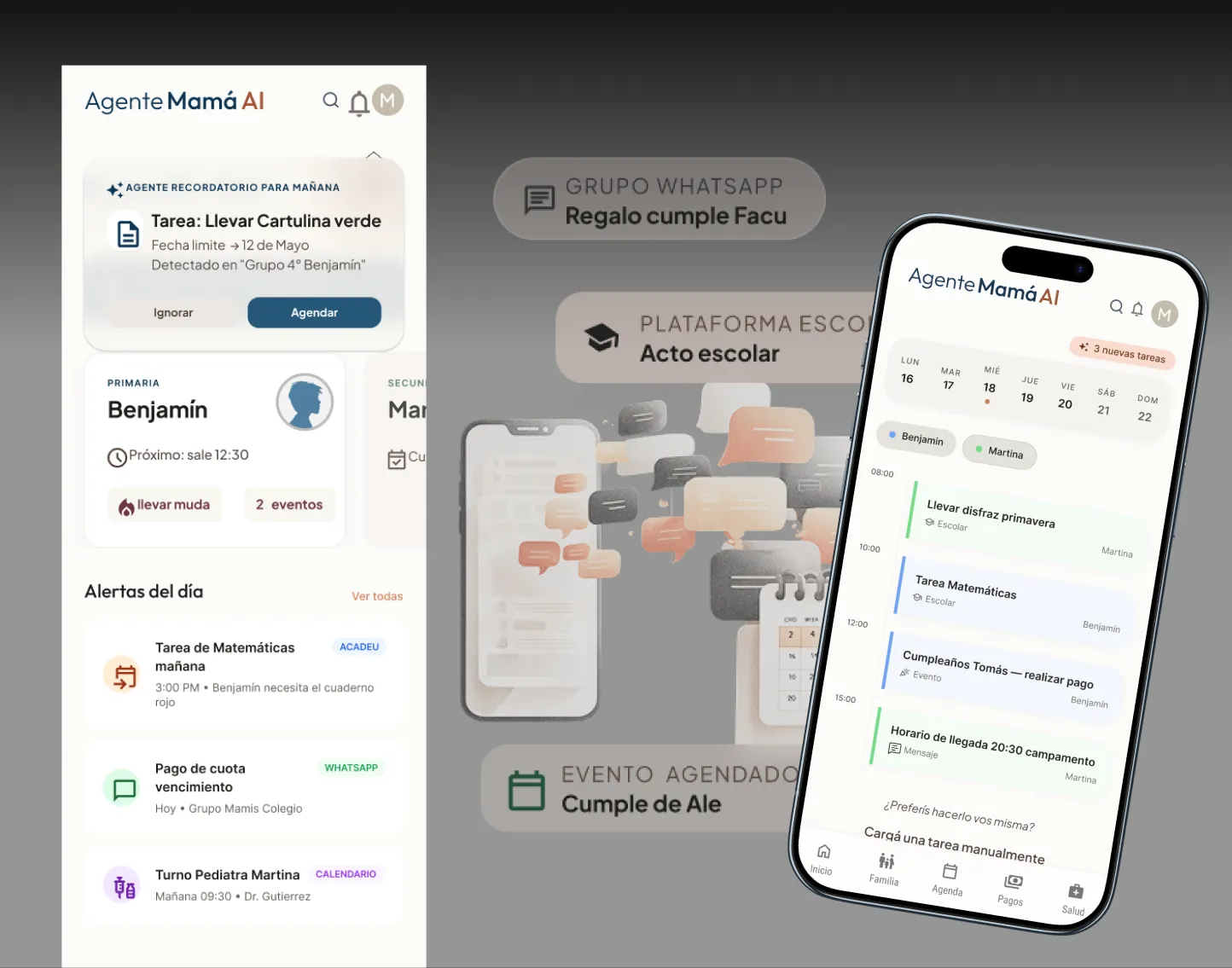 Agente Mamá AI on phones: the daily dashboard and agenda, fed by WhatsApp group and school platform messages