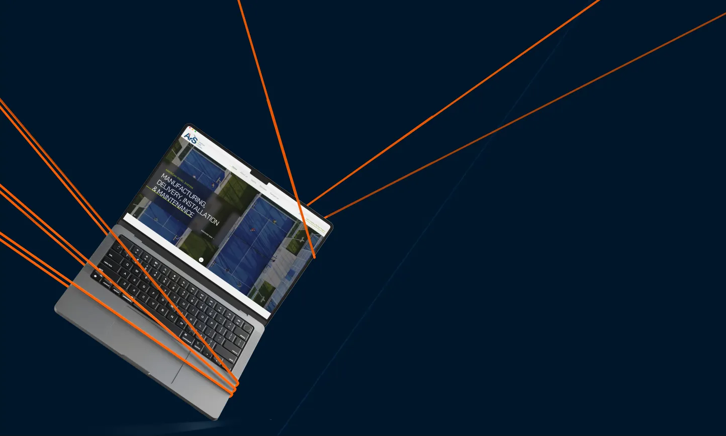 The American Padel Systems website on a tilted laptop, on a navy background crossed by orange lines