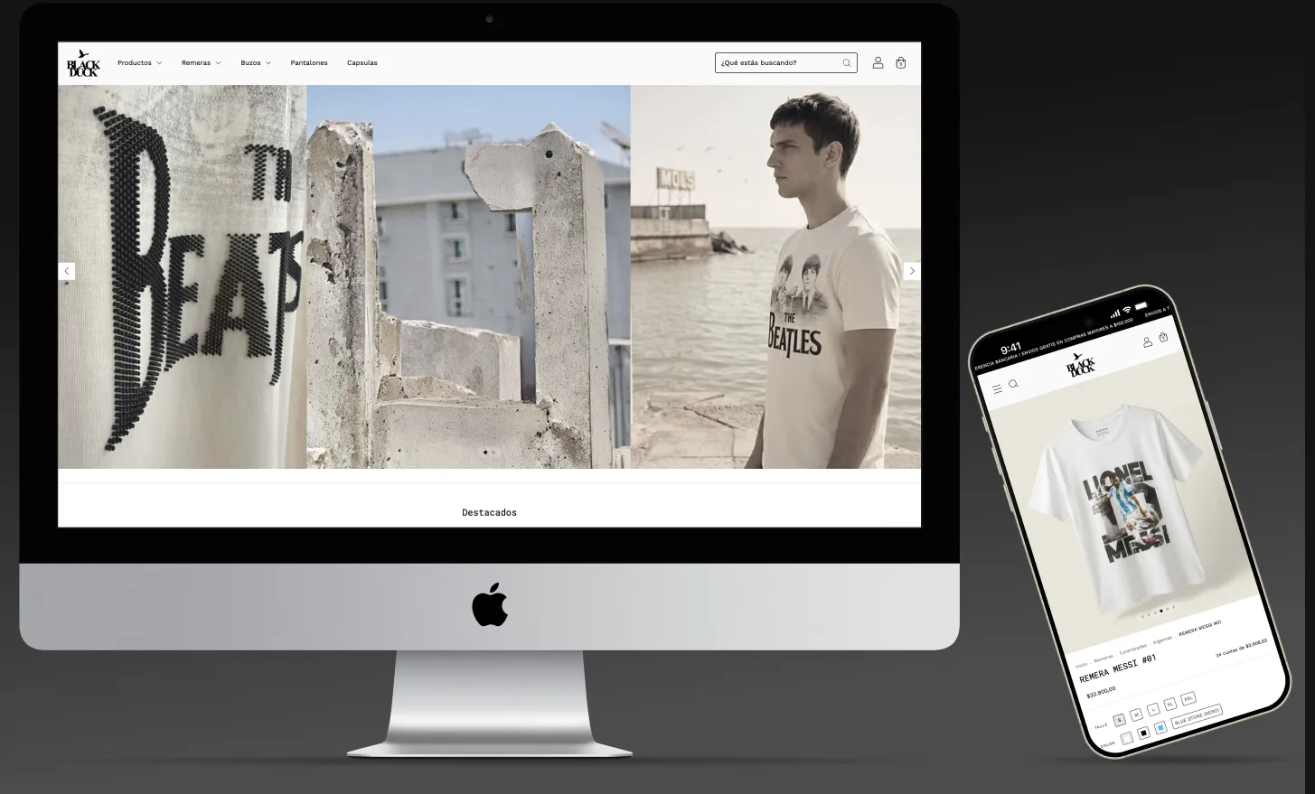 The Black Duck store on a desktop monitor and a phone, on a dark grey background