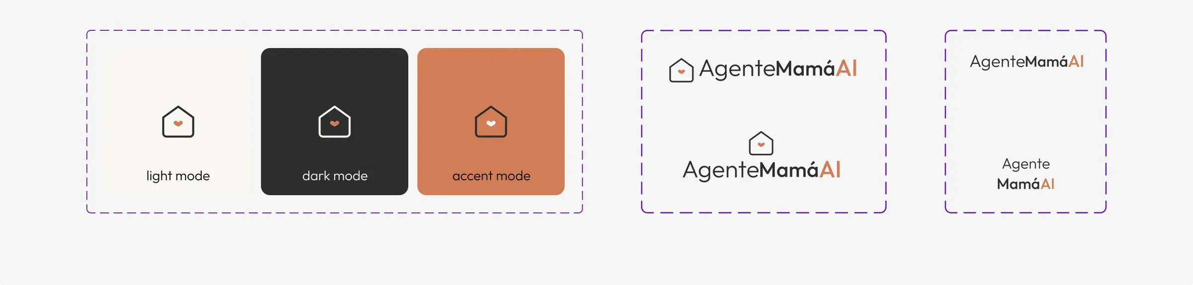 Agente Mamá AI brand: the house icon in light, dark and accent modes, and the logotype