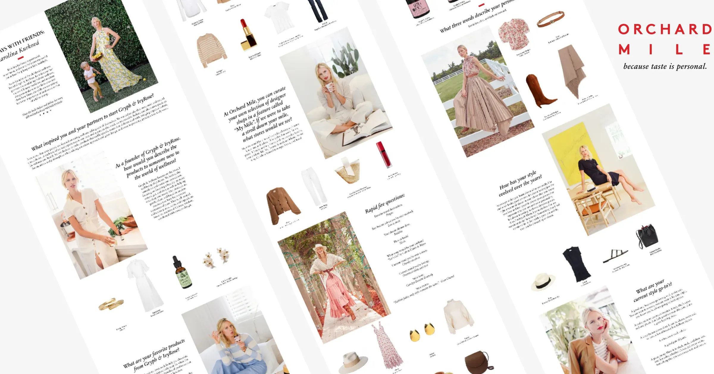 Three Orchard Mile editorial pages shown side by side: influencer interviews with shoppable products
