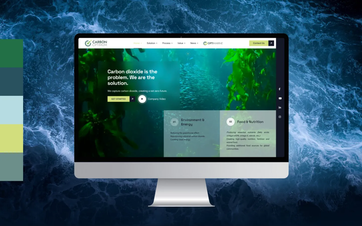 The Carbon Optimum website on a desktop monitor over an ocean photograph, next to the brand colour palette