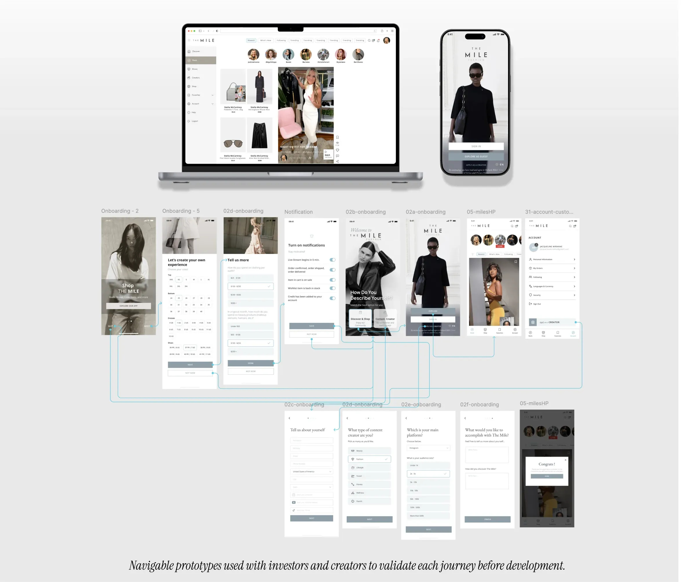 The Mile on desktop and mobile, above the connected onboarding and account screens of the navigable prototype
