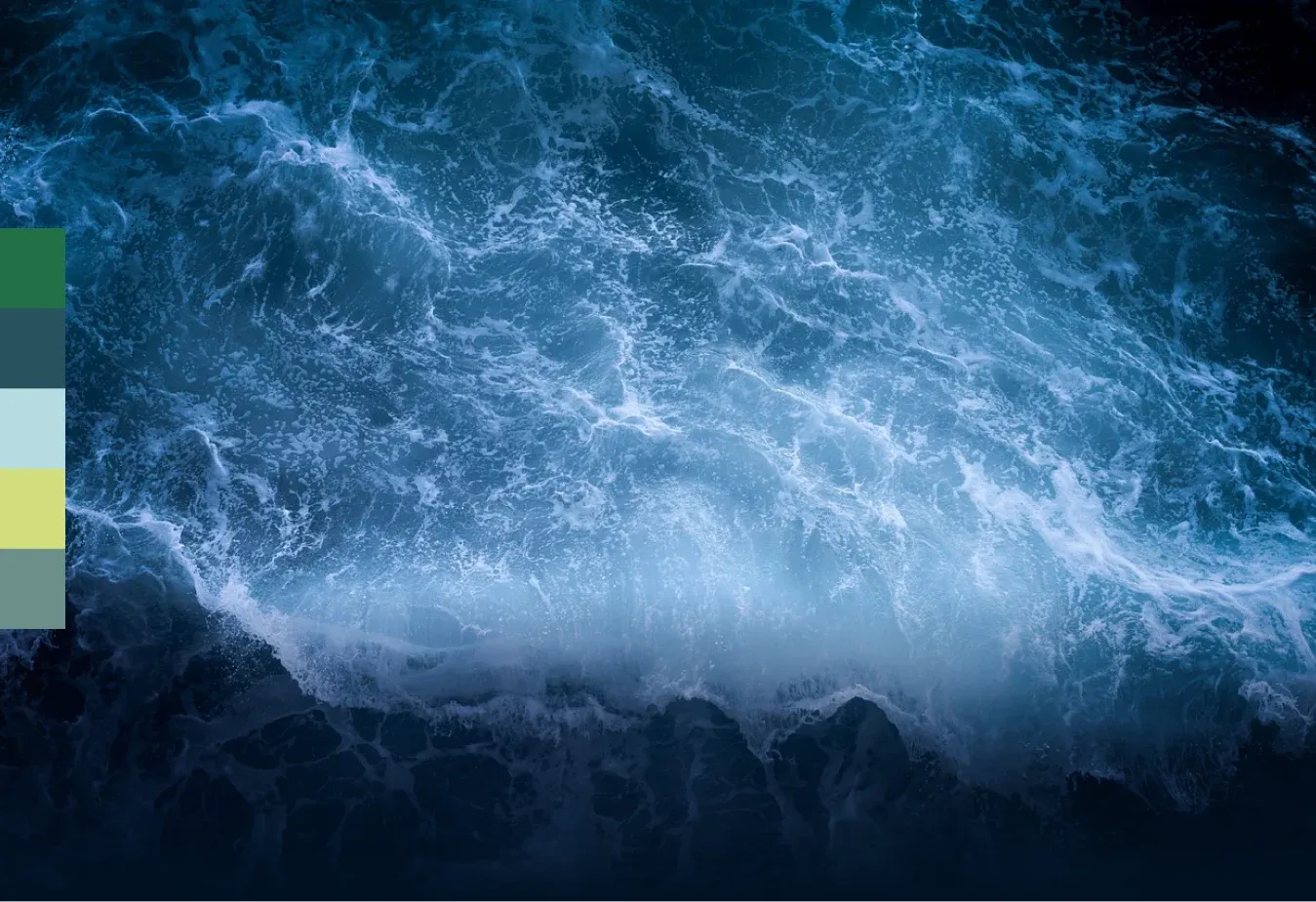 Aerial photograph of dark blue ocean waves, beside the Carbon Optimum brand palette