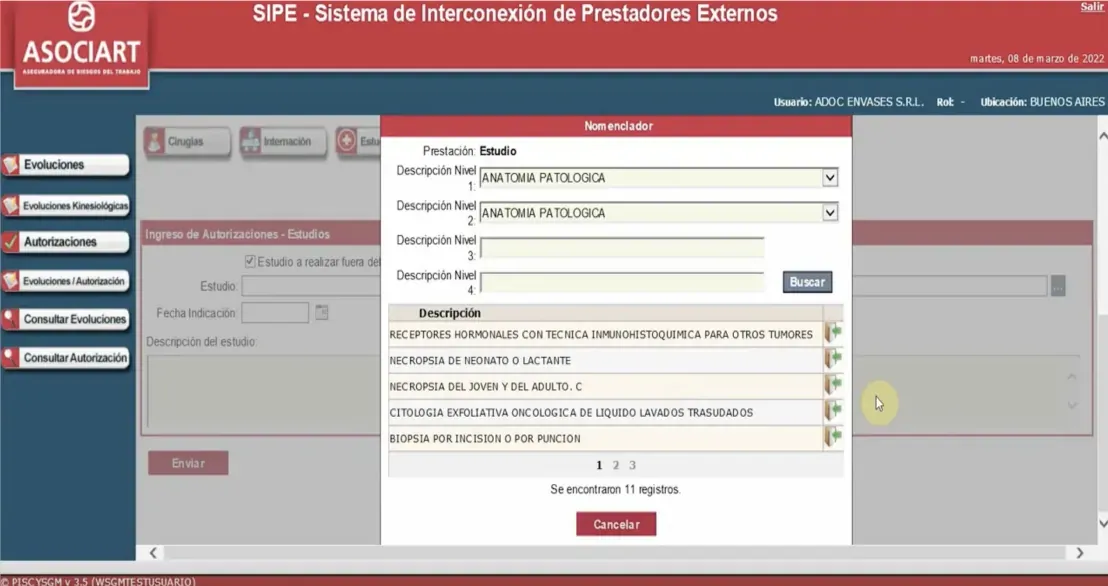 The legacy Asociart system: a dense, form-heavy screen from the provider interconnection platform