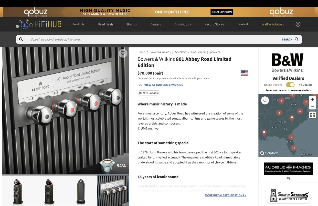 HiFi Hub product page for the Bowers & Wilkins 801 Abbey Road Limited Edition