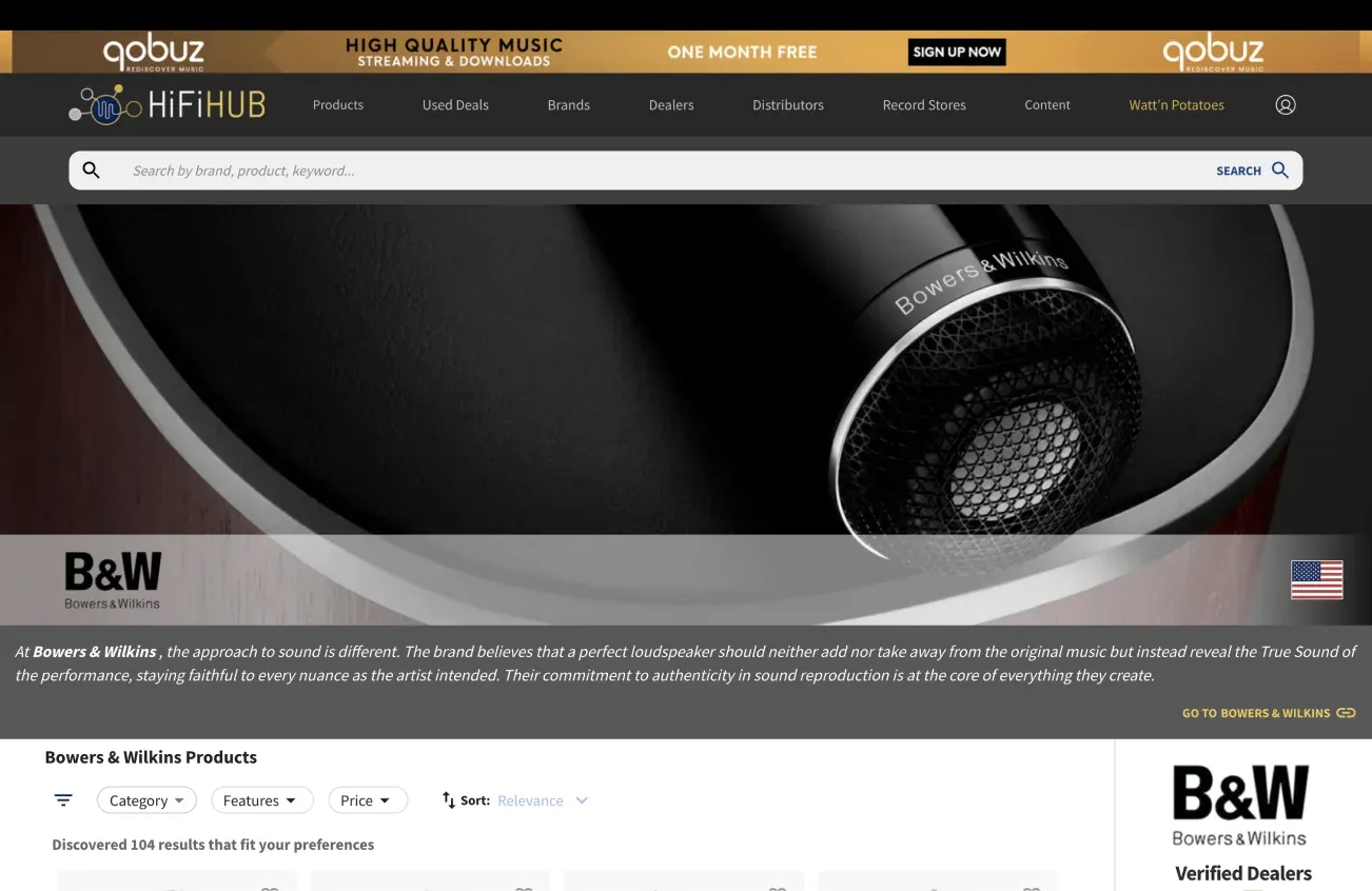 HiFi Hub brand page for Bowers & Wilkins