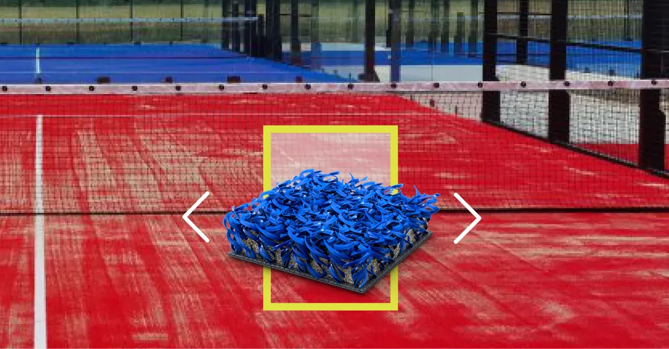 A product carousel showing a padel court surface sample