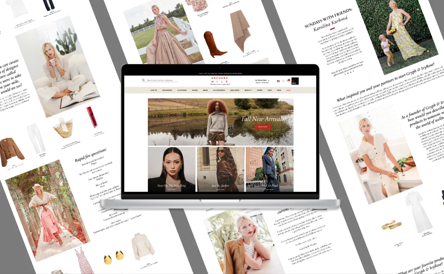 The Orchard Mile homepage on a laptop, surrounded by tilted editorial fashion pages