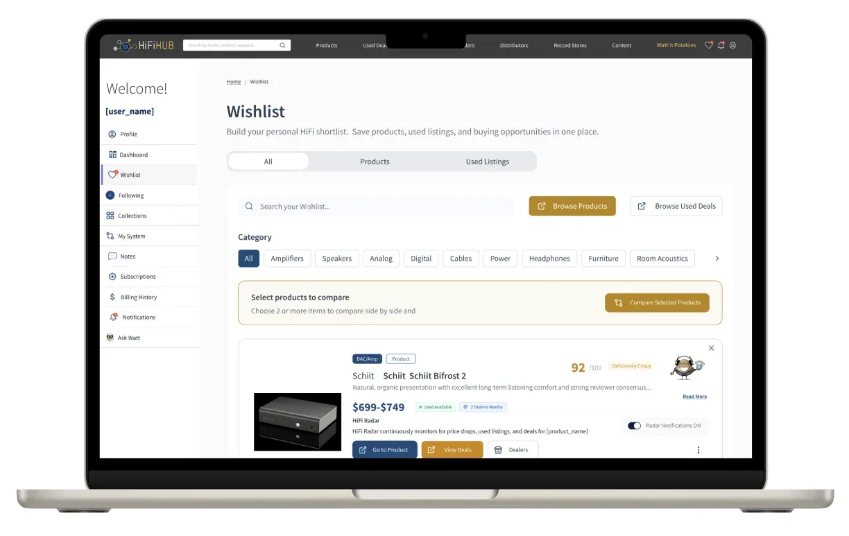The HiFi Hub wishlist on a laptop