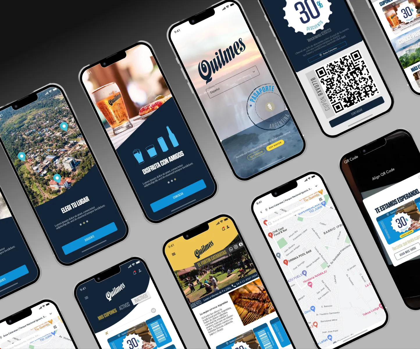 Pasaporte Quilmes app screens on phones: venue map, venue pages and a discount coupon with a QR code