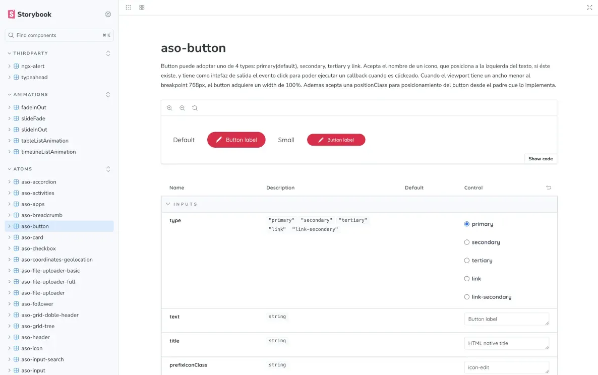 Asociart Storybook documentation for the aso-button component