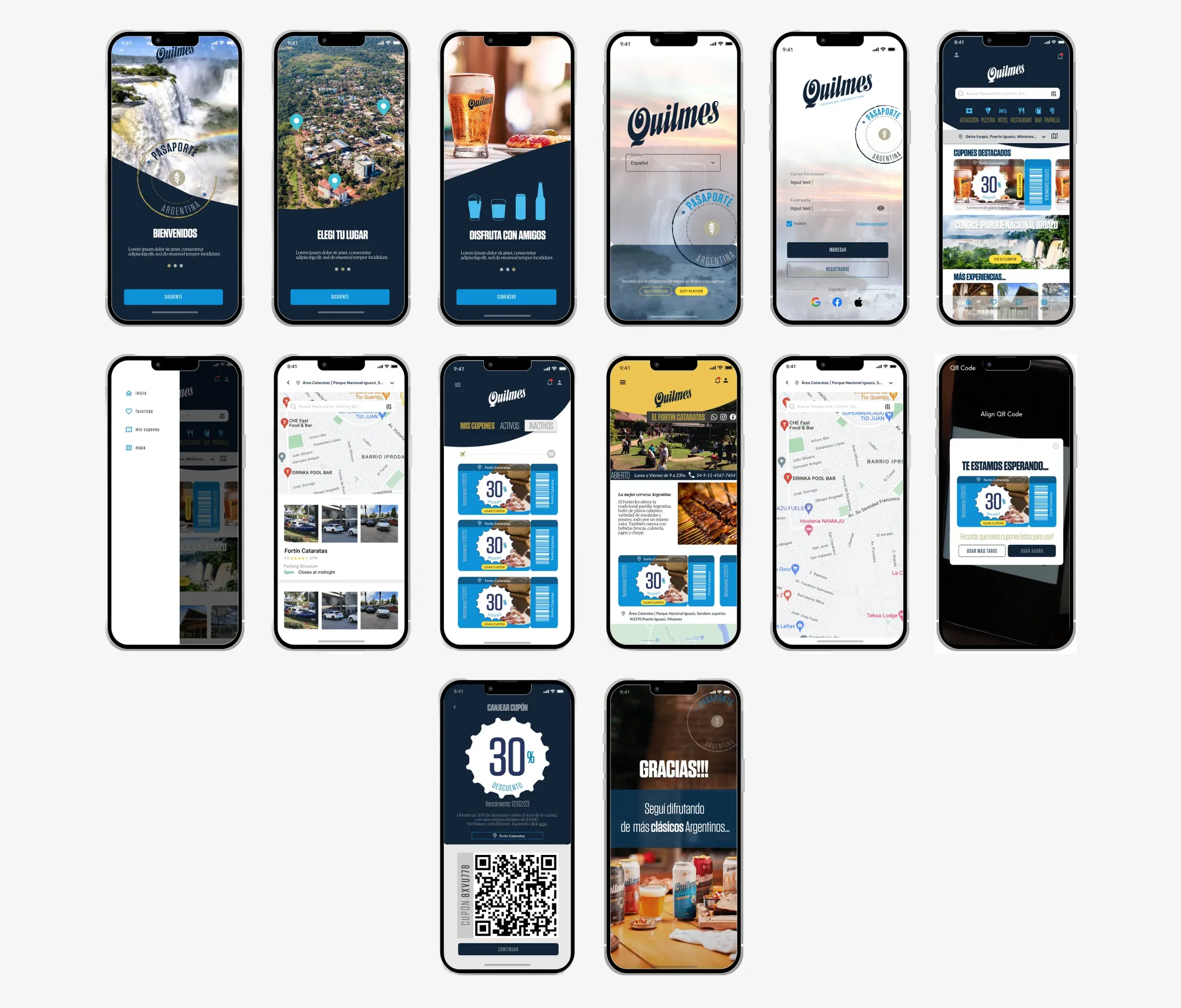 Pasaporte Quilmes: onboarding, language, login, dashboard, menu, map, coupons, venue page, QR scan, redemption and thank-you screens