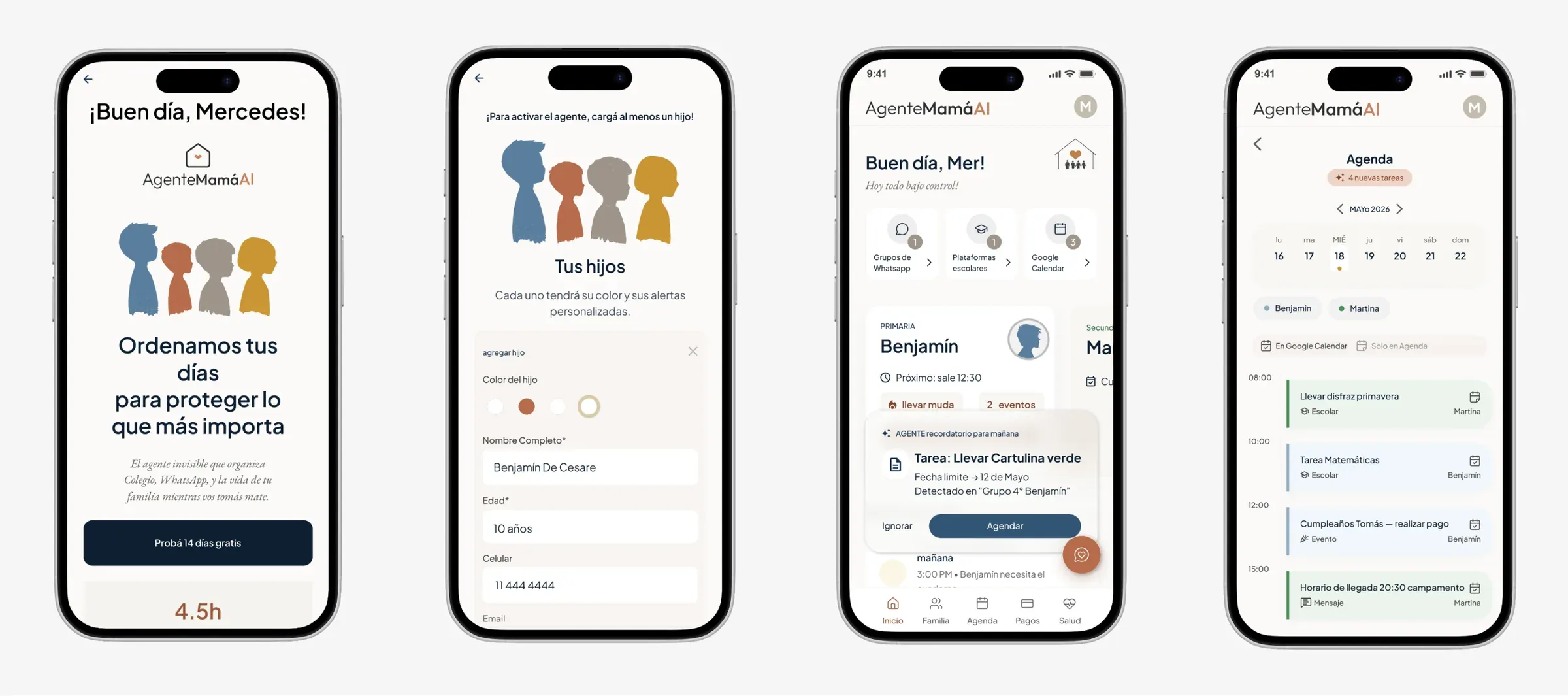 Four Agente Mamá screens: welcome, child profile, daily dashboard and agenda