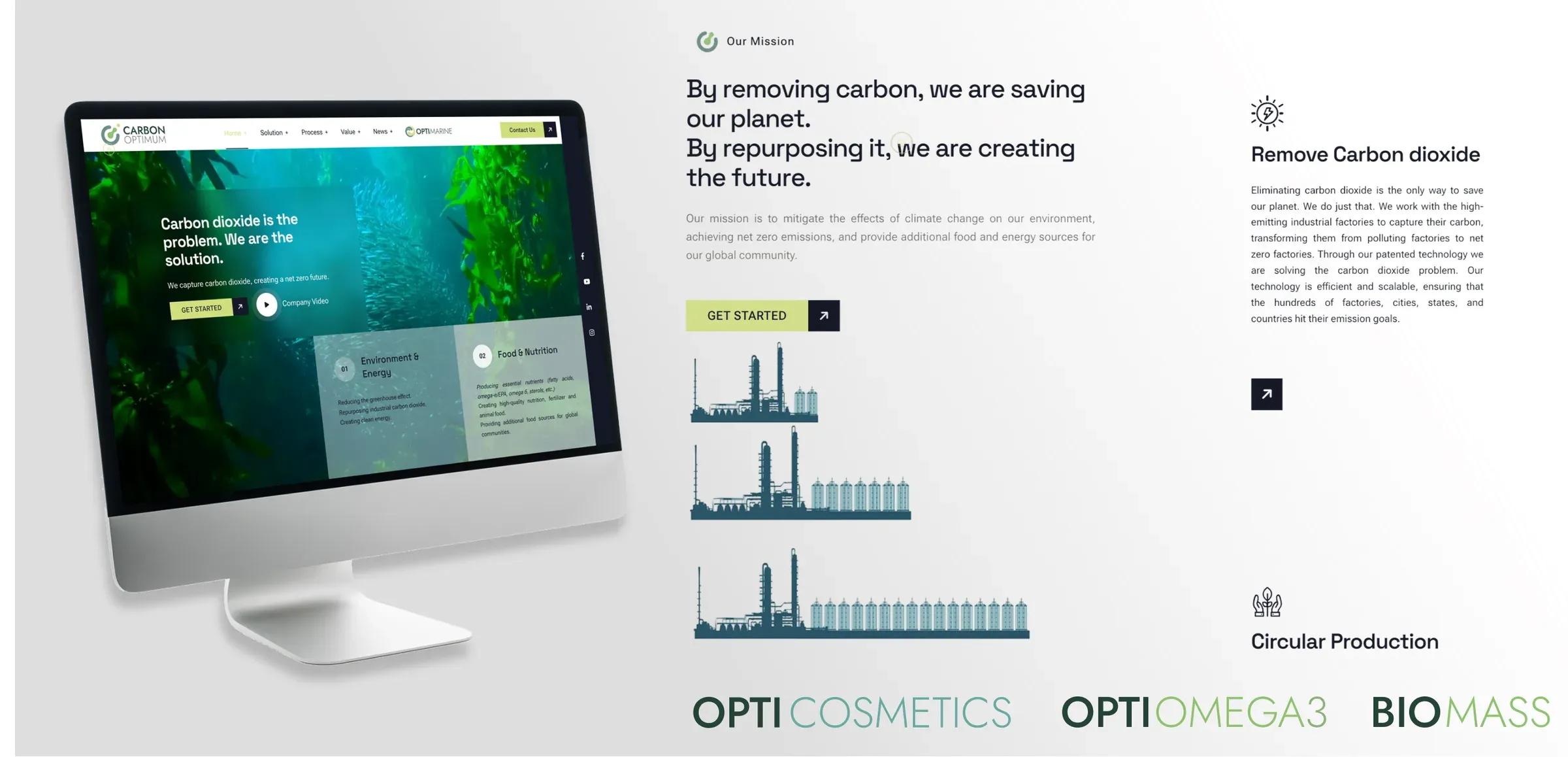 The Carbon Optimum website on a desktop computer and its modular pages, with the OptiCosmetics, OptiOmega3 and Biomass brands