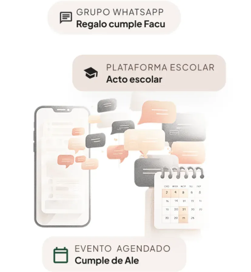 Messages from the WhatsApp group and the school platform flowing into one scheduled calendar event