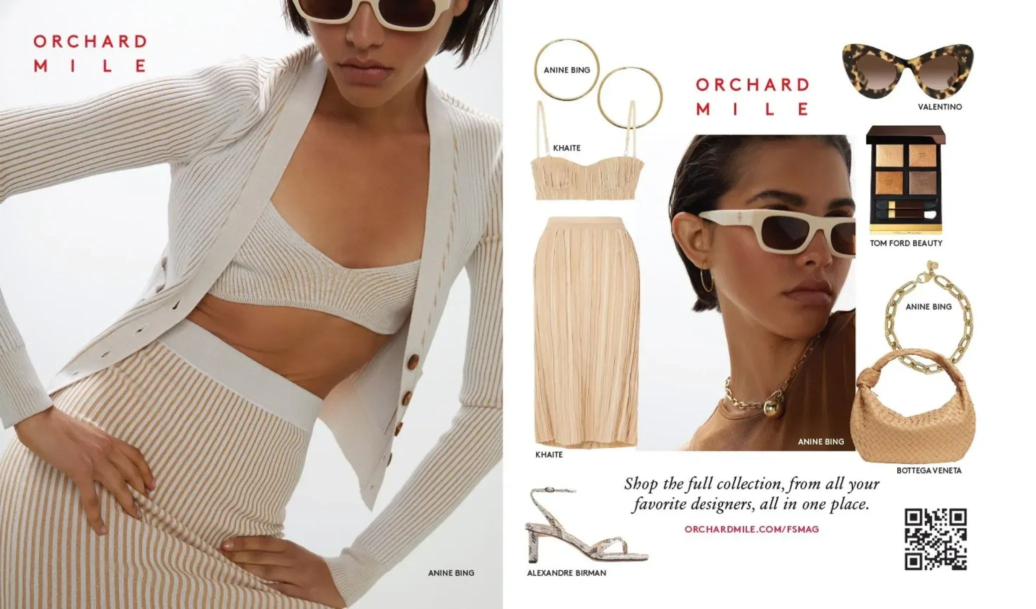 Orchard Mile editorial: a model in a knit set beside a shoppable collection page