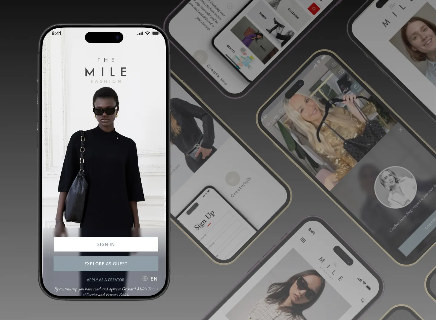 The Mile Fashion app on phones: the welcome screen with a model in black, surrounded by other app screens
